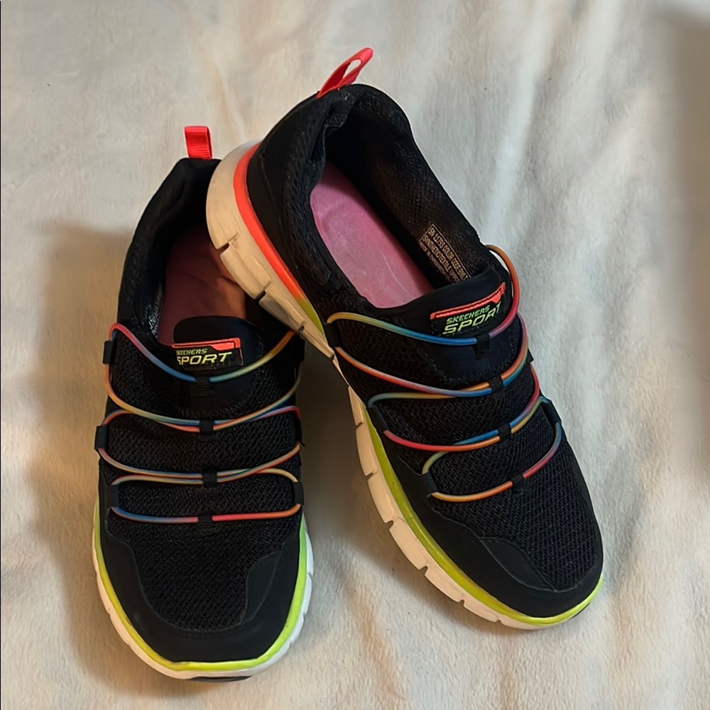 Skechers Black and Neon Slip-On Sneakers with Elastic Straps